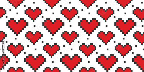 Stylized Heart shape pixel Seamless pattern in trendy red and black St Valentine Day Background idea