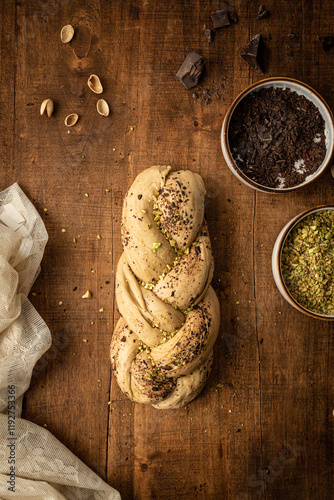 Top view of a Bakbah bread with chocolate and pistachio toppings photo