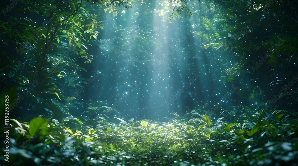 Naklejka premium Magical Glowing Rainforest Night Scene with Bioluminescent Plants Casting Ethereal Light