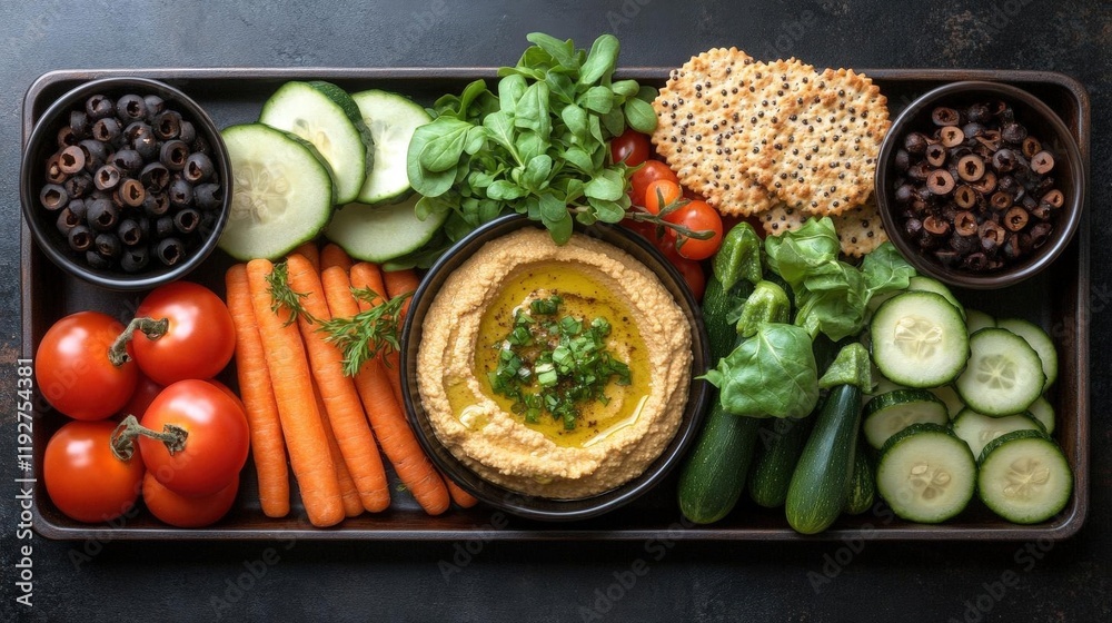 A platter of hummus with fresh vegetables and crackers, a healthy and delicious snack or appetizer. A platter of hummus with fresh vegetables and crackers, a healthy and delicious snack or appetizer.