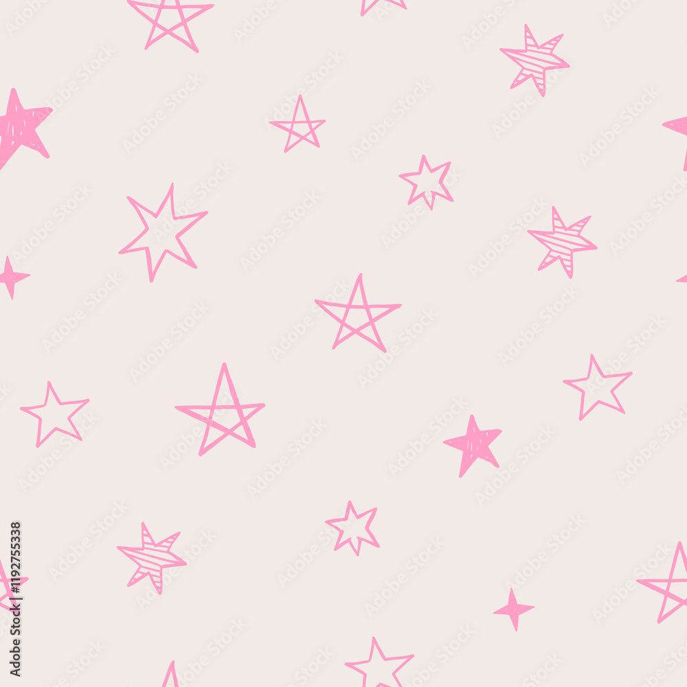 seamless pattern featuring pink stars of various sizes and styles on a light background. The design is cute and girly, perfect for wallpapers, textiles, and wrapping paper seamless pattern featuring pink stars of various sizes and styles on a light background. The design is cute and girly, perfect for wallpapers, textiles, and wrapping paper