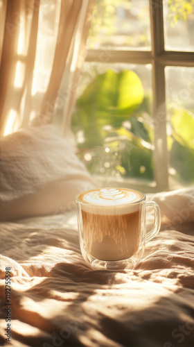 Candlelit Morning Embraces a Delicate Latte in Glass on a Sunlit Bed, Radiating Cozy Warmth and Tranquility. Generative AI photo