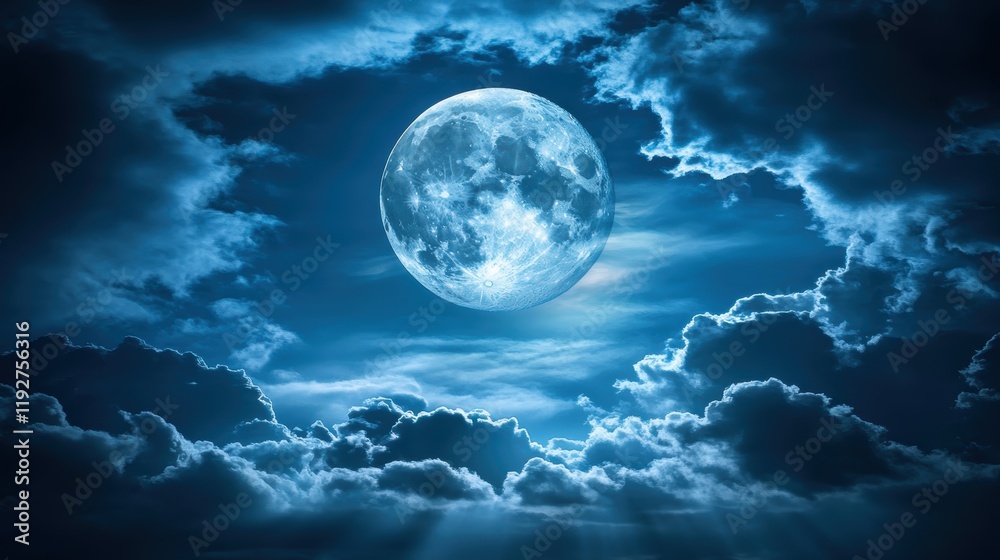 Majestic Full Moon Illuminates Night Sky Surrounded by Clouds Majestic Full Moon Illuminates Night Sky Surrounded by Clouds