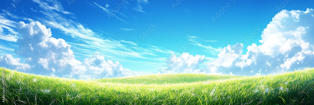 Vibrant green grass under a bright blue sky with fluffy white clouds, creating a perfect outdoor landscape for wallpapers and high-definition backgrounds. Vibrant green grass under a bright blue sky with fluffy white clouds, creating a perfect outdoor landscape for wallpapers and high-definition backgrounds.