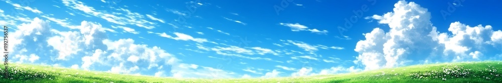 Vibrant green grass under a bright blue sky with fluffy white clouds, creating a perfect outdoor landscape for wallpapers and high-definition backgrounds. Vibrant green grass under a bright blue sky with fluffy white clouds, creating a perfect outdoor landscape for wallpapers and high-definition backgrounds.