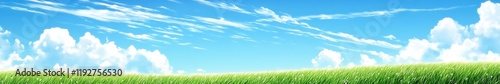 Vibrant green grass under a bright blue sky with fluffy white clouds, creating a perfect outdoor landscape for wallpapers and high-definition backgrounds.