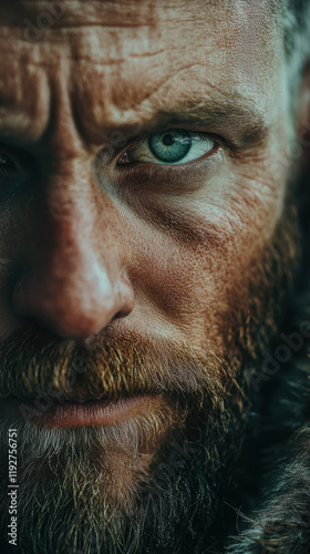 Intense Gaze of a Rugged Individual Captured in Cinematic Green Tones Showcasing Strength and Character. Generative AI