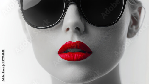 Striking Elegance of a Pale-Skinned Woman With Bold Red Lips and Dark Sunglasses in a Minimalist Setting. Generative AI