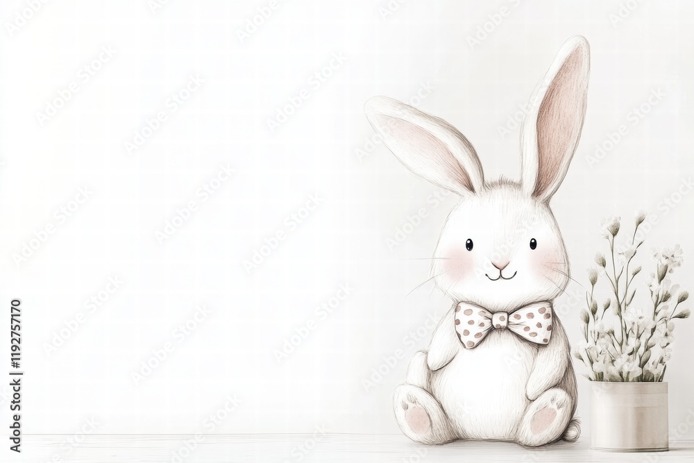 Fototapeta premium Cute illustrated rabbit with a bow tie beside a flower pot in a minimalistic setting. Generative AI