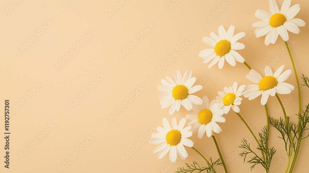 Naklejka premium White daisies and other blossoms bloom against backgrounds of white and sunshine yellow