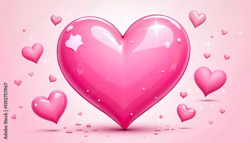 Large shiny pink heart surrounded by smaller hearts with bold outlines and sparkle effect Large shiny pink heart surrounded by smaller hearts with bold outlines and sparkle effect