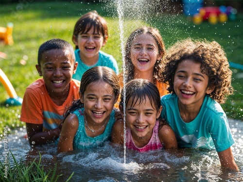 A cheerful group of children splashing and laughing around a small water fountain in a sunny outdoor garden, surrounded by vibrant green grass and colorful toys in the background.