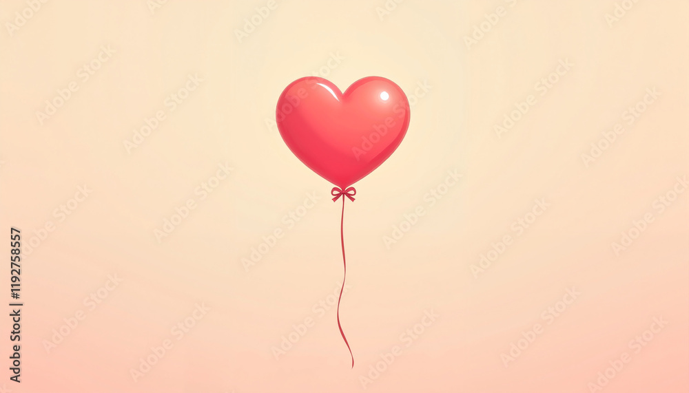 Single heart-shaped balloon tied with ribbon on warm gradient background Single heart-shaped balloon tied with ribbon on warm gradient background