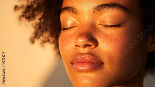 Sun-kissed Serenity Captured in a Close-Up of a Woman's Peaceful Face With Closed Eyes During Golden Hour Tranquility. Generative AI