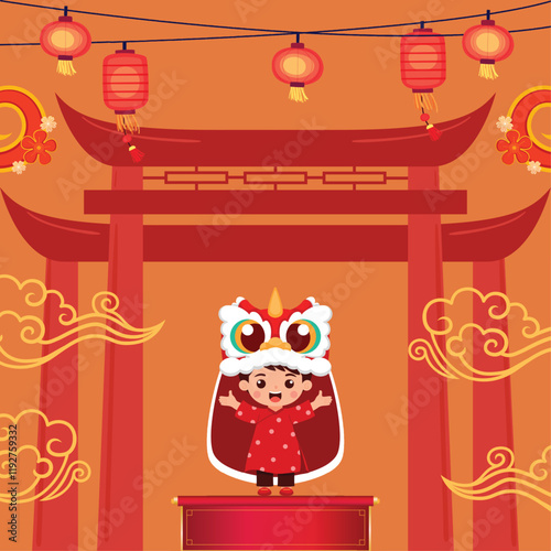 Cheerful Child in Dragon Dance Costume at Festive Chinese New Year