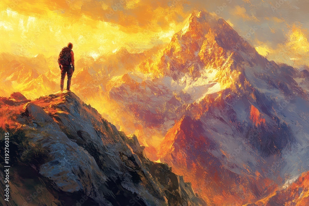 Adventurer Standing on Mountain Peak at Sunrise with Majestic Golden Light Illuminating Snow-Capped Peaks and Dramatic Sky Adventurer Standing on Mountain Peak at Sunrise with Majestic Golden Light Illuminating Snow-Capped Peaks and Dramatic Sky