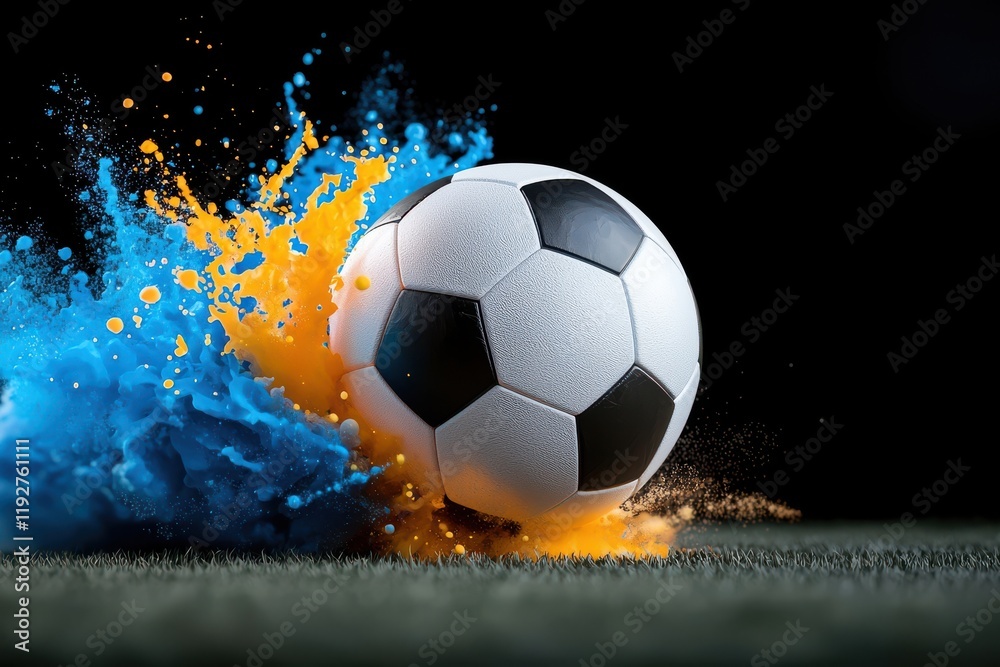 Naklejka premium Dynamic Soccer Ball Burst with Colorful Splash and Motion Effect