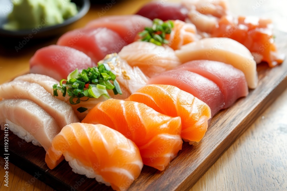 Freshly made sushi arranged on a wooden platter garnished with green onions in a cozy restaurant setting Freshly made sushi arranged on a wooden platter garnished with green onions in a cozy restaurant setting