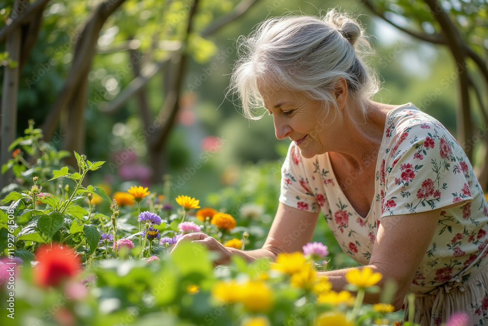 Happy Senior Woman Gardening in Flower Garden Happy Senior Woman Gardening in Flower Garden