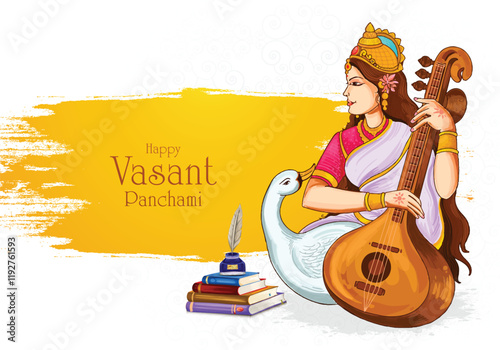 Sarasvati for happy vasant panchami puja of India card background