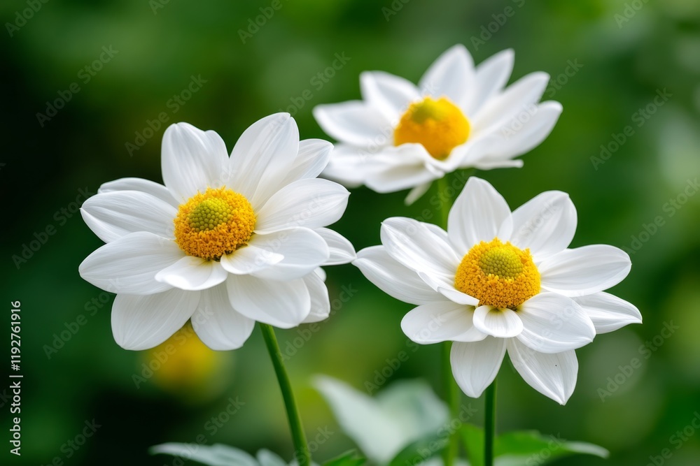 Beautiful white flowers with yellow centers bloom in a lush garden setting during springtime Beautiful white flowers with yellow centers bloom in a lush garden setting during springtime