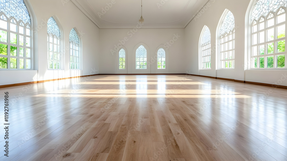 Sunlit empty hall with arched windows, hardwood floor, and bright white walls; ideal for architecture, interior design, or real estate Sunlit empty hall with arched windows, hardwood floor, and bright white walls; ideal for architecture, interior design, or real estate