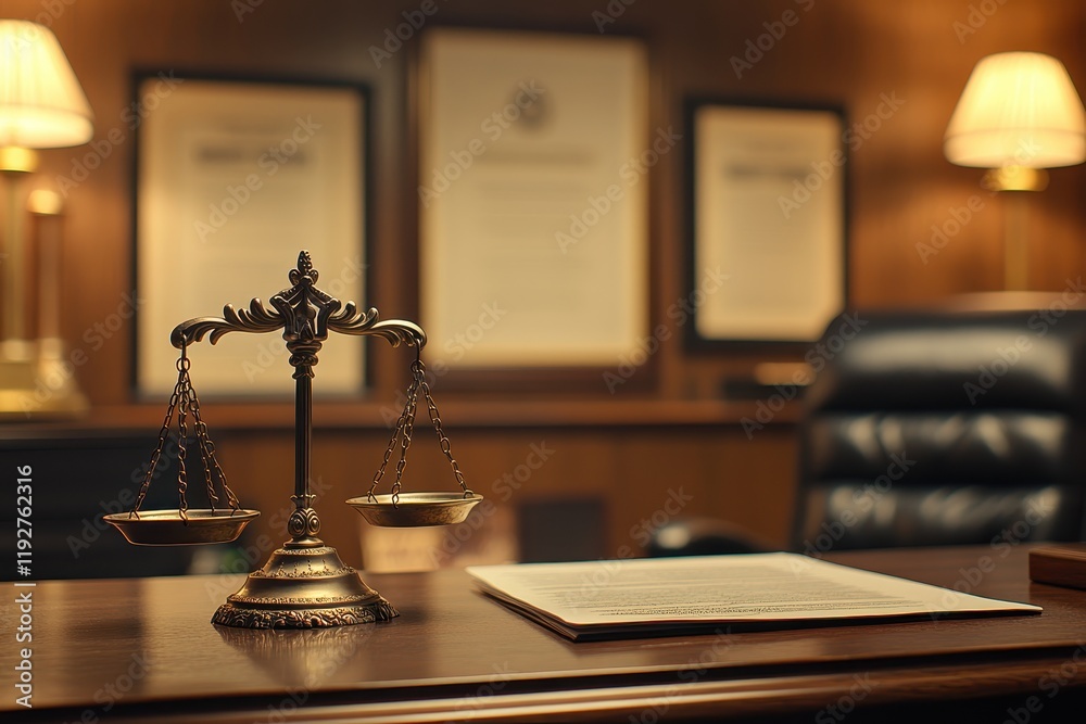 Obraz premium Elegant Scales of Justice in a Professional Law Office Setting with Warm Lighting and Legal Documents in the Background