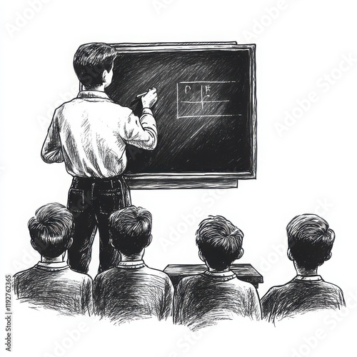 A teacher writing on the blackboard while students watch attentively, drawn in black and white illustration style with a simple white background 