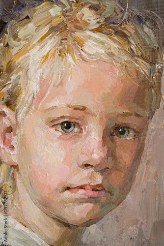 Cute beautiful girl holding her hair. Fragment of oil painting on canvas. .Portrait of a child with brown eyes and blond hair.