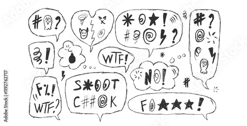 Speech bubbles with swear words. Outline crayon doodle text. Bad emotion on social media public chat dialog boxes. Aggressive swearwords. Haters signs. Vector hand drawn illustration