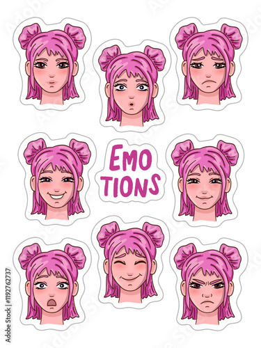 Stickers sheet with girl emotions. Vector illustration. photo