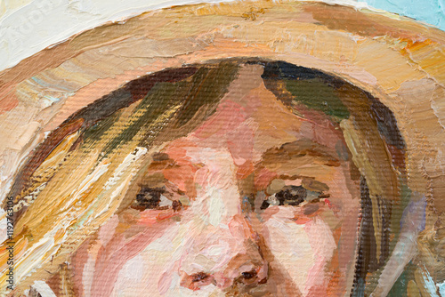 Fototapeta Naklejka Na Ścianę i Meble -  Girl in a straw hat on a blue background. Oil painting on canvas.