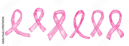 Crayon awareness pink ribbons set. Breast cancer symbol of solidarity campaign doodle isolated on white background. elements. Vector drawn by pencil illustration