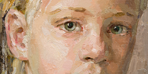 Cute beautiful girl holding her hair. Fragment of oil painting on canvas. .Portrait of a child with brown eyes and blond hair.