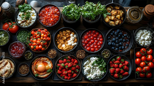 A vibrant and delicious breakfast buffet with fresh ingredients and colorful toppings, featuring tomatoes, berries, feta cheese, scrambled eggs, and v photo