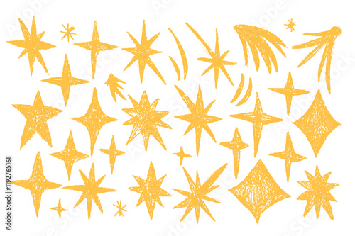 Crayon sparkle stars set. Space shine shapes and blings doodle pack. Comets and blinking on night sky. Vector handdrawn by pencil or pastel illustration isolated on white background.