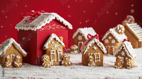 Its windows glow softly, casting a golden light that complements the festive ornaments surrounding it.