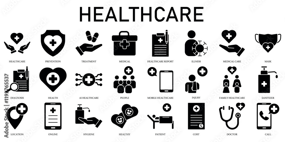 Fototapeta premium Set of HEALTHCARE Icons or symbols Vector fully editable file