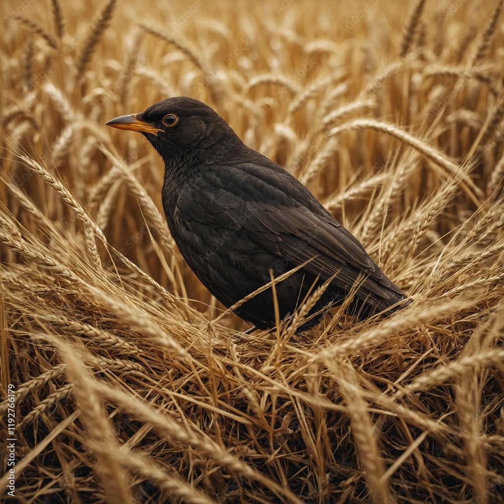 Obraz premium A blackbird in a nest surrounded by golden summer wheat fields.