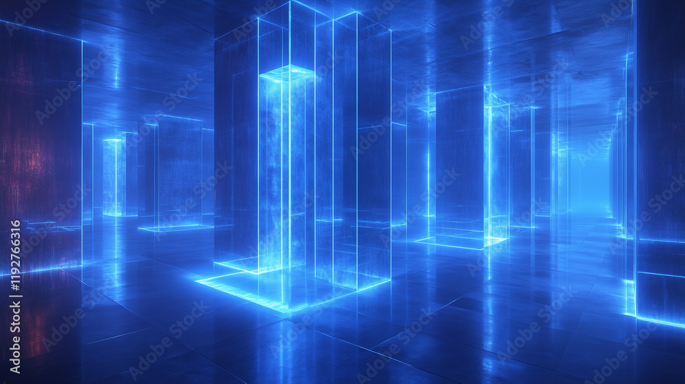 Fototapeta premium futuristic digital space featuring glowing blue pillars and reflective surfaces, creating immersive and abstract environment. atmosphere evokes sense of wonder and exploration