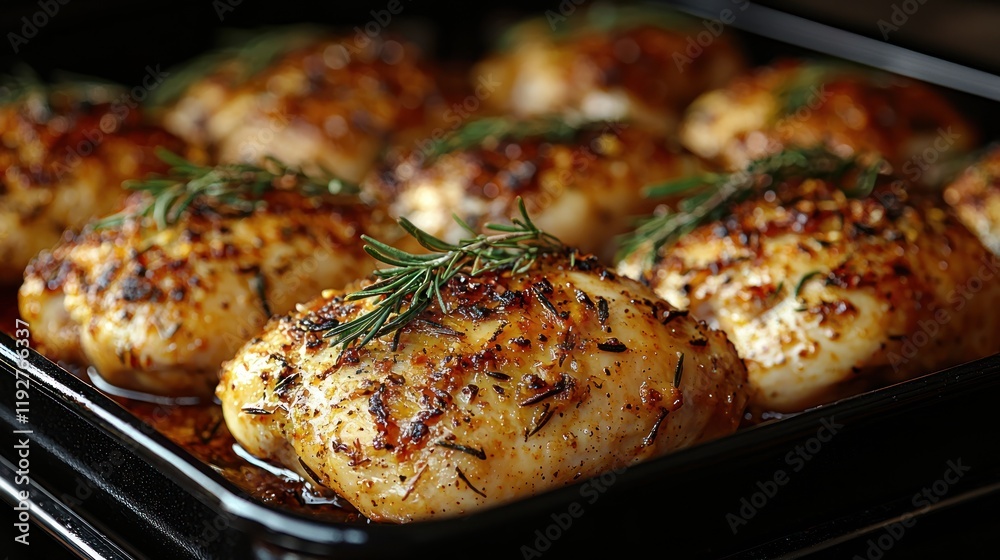 Juicy, seasoned chicken breasts garnished with fresh herbs, resting on a baking tray, ready to serve Juicy, seasoned chicken breasts garnished with fresh herbs, resting on a baking tray, ready to serve