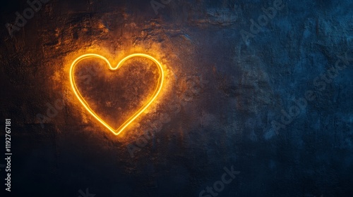 Neon heart on dark textured wall with warm glow