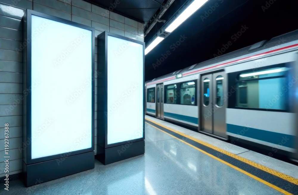 Obraz premium Commuters wait as a subway train arrives at a sleek, illuminated station with blank advertisements.