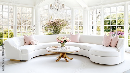 Luxurious White Curved Sofa in Sunroom with Pink Pillows and Flowers