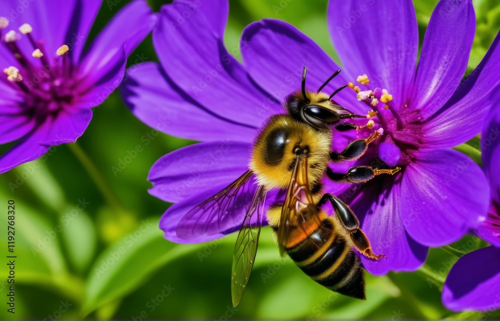 Bee collecting nectar from vibrant purple flowers in a sunny garden during springtime Bee collecting nectar from vibrant purple flowers in a sunny garden during springtime
