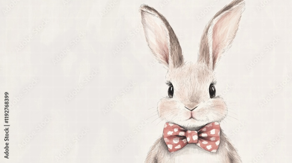 Fototapeta premium Cute illustrated rabbit wearing a polka dot bow tie on a soft pastel background in a charming and playful setting. Generative AI