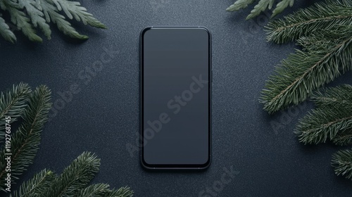 Smartphone surrounded by evergreen foliage on a dark surface photo