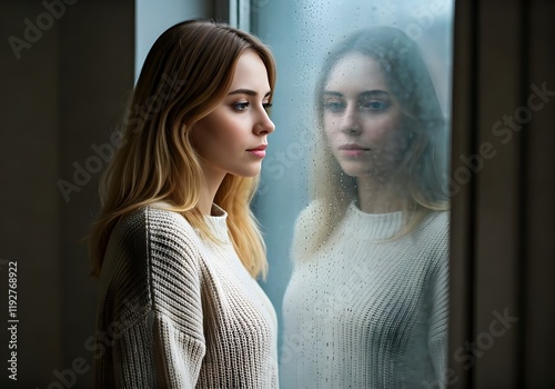 Portrait of a sadly looking girl through the window at the rain