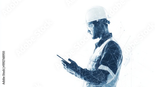 Abstract polygonal isolated engineer in technology style on a white background. Industry safety or architecture concept. Worker in white helmet holding tablet. Low poly wireframe vector illustration. photo