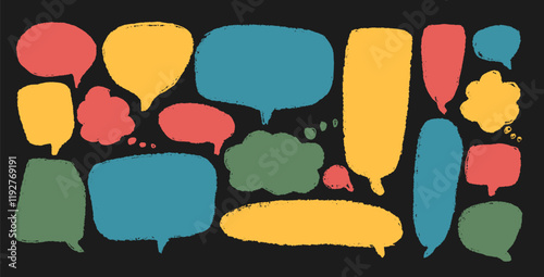 Speech bubbles set. Crayon doodle torn edges elements. Chat dialog boxes. Comic talk textboxes by chalk or pencil isolated on dark background. Childish style quotation balloon. Vector illustration.